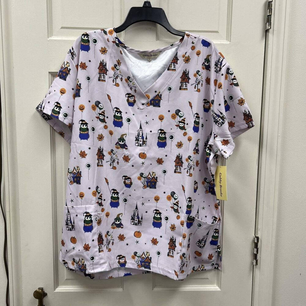 Gabby Brooke Soft Scrub Top Stretch Material Short Sleeve Halloween Owls 3X NWT